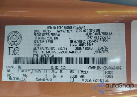 2016 Ford Escape Titanium from USA, damaged, VIN 1FMCU9J92GUA40601